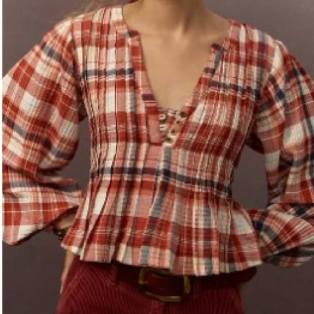 Pilcro Red and White V-Neck 3/4 Sleeve Smocked Peplum Blouse